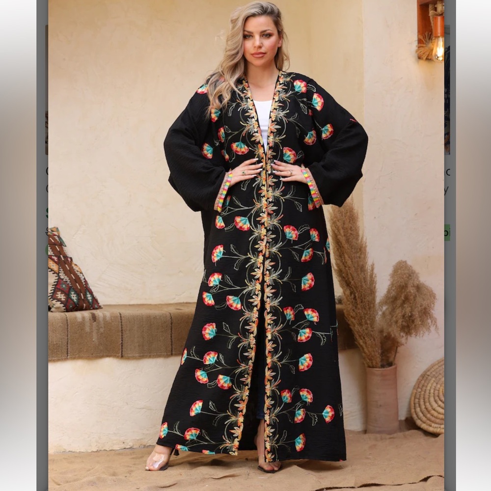 Embroidered black linen kimono - Picture 1 of 11